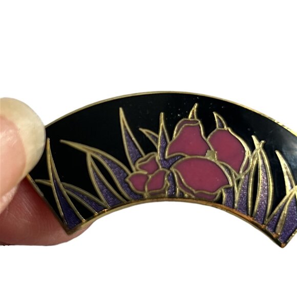 Vintage Isle of Skye Enamel Fan Brooch Pink Flowers Black Gold Tone Pin - Picture 6 of 7